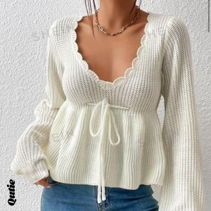 White sweater scalloped crotchet bow trendy sweater